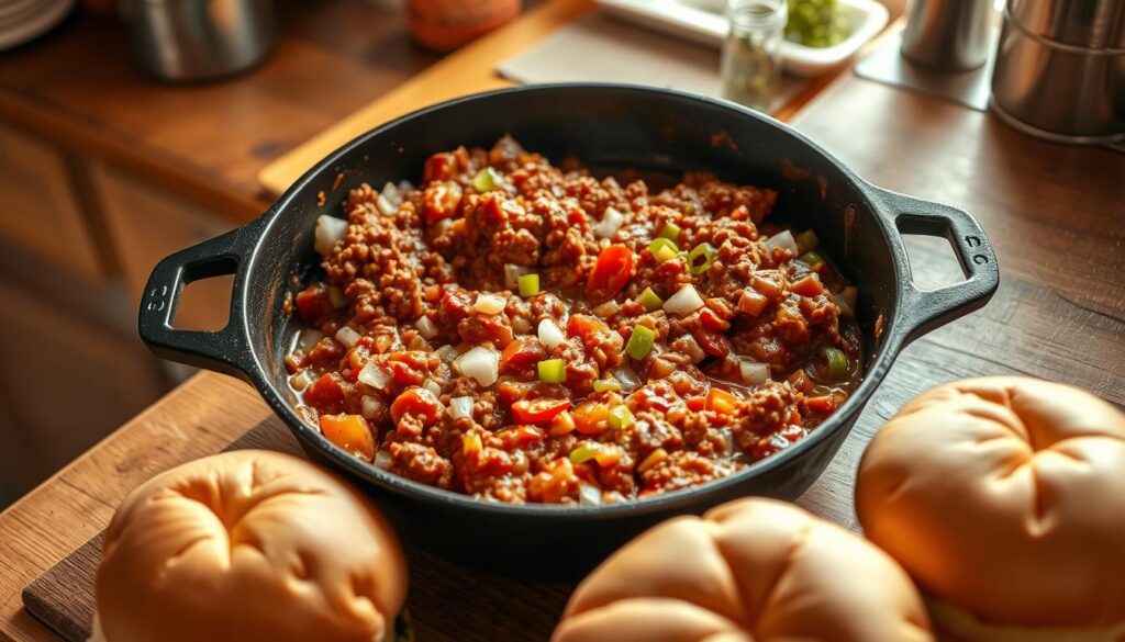 A rustic kitchen counter, bathed in warm, natural lighting, holds a cast-iron skillet filled with a simmering, savory homemade sloppy joe mixture. Freshly chopped onions, bell peppers, and ground beef mingle with a thick, tangy tomato-based sauce, releasing an inviting aroma. Fluffy, freshly toasted burger buns stand ready, awaiting the flavorful sloppy joe filling. The scene evokes the comforting, casual atmosphere of a classic American home-cooked meal, ready to be enjoyed with family and friends.