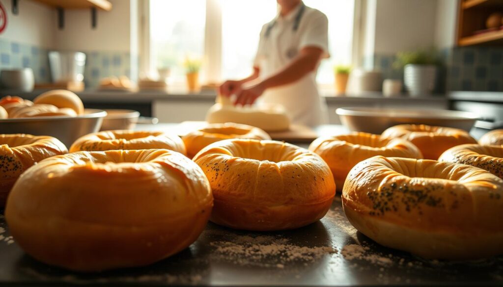 A step-by-step preparation of protein-rich bagels. In the foreground, several golden-brown bagels fresh from the oven, their crisp exteriors contrasted by the soft, doughy interiors. In the middle ground, a baker's hands kneading and shaping the dough, their movements deft and practiced. The background reveals a bright, airy kitchen, sunlight streaming through large windows, casting a warm glow over the scene. The overall atmosphere is one of wholesome, artisanal craftsmanship, inviting the viewer to imagine the satisfying texture and flavor of these nutritious, homemade bagels.