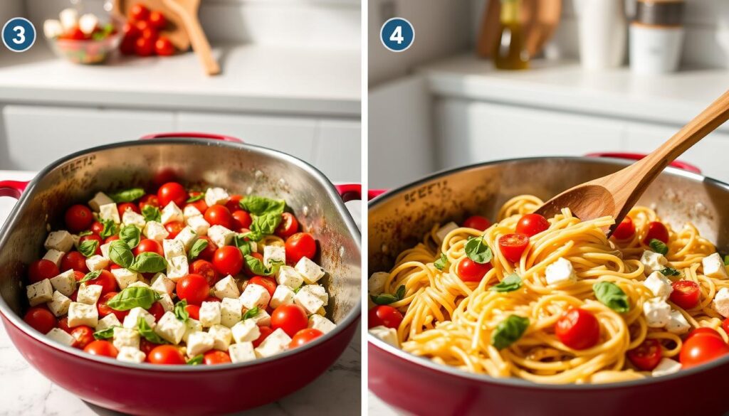 A vibrant, step-by-step cooking scene showcasing the baked feta pasta preparation process. In the foreground, a baking dish filled with cubed feta cheese, cherry tomatoes, and fresh basil, ready to be roasted to perfection. In the middle ground, a wooden spoon gently stirring the pasta as it cooks, releasing its aroma. The background features a clean, minimalist kitchen counter, with a few cooking utensils and a bottle of olive oil for garnishing. The scene is illuminated by warm, natural lighting, capturing the cozy, homey atmosphere of a delicious, comforting dish in the making.