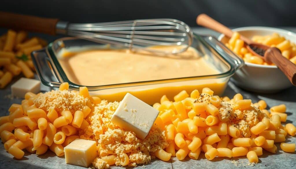 A vibrant still life arrangement of the essential ingredients for classic baked macaroni and cheese. In the foreground, a selection of elbow macaroni noodles, grated cheddar and parmesan cheeses, and a pat of butter. In the middle ground, a glass baking dish filled with a creamy cheese sauce, and in the background, a wire whisk, a wooden spoon, and a sprinkle of freshly cracked black pepper. The scene is illuminated by soft, natural lighting that casts gentle shadows, creating a cozy, homey atmosphere. The overall composition emphasizes the simple, comforting elements that come together to make the perfect macaroni and cheese dish.