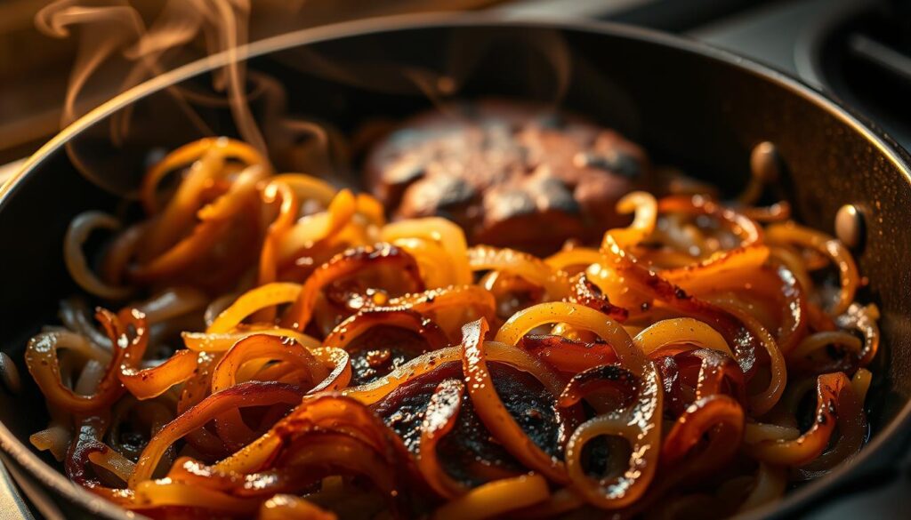 Caramelized onions sizzling in a cast-iron skillet, bathed in warm amber light. Thinly sliced onions slowly caramelizing, their natural sugars transforming into a rich, complex flavor. Wispy tendrils of fragrant steam rising from the pan, creating an enticing aroma. The onions glistening with a glossy, golden-brown sheen, their edges slightly charred for a delectable contrast. Arrange the caramelized onions in the foreground, showcasing their mouthwatering texture and depth of flavor. In the middle ground, a juicy burger patty waiting to be topped, its surface lightly charred from the grill. The background bathed in a warm, inviting atmosphere, hinting at the delicious patty melt to come.
