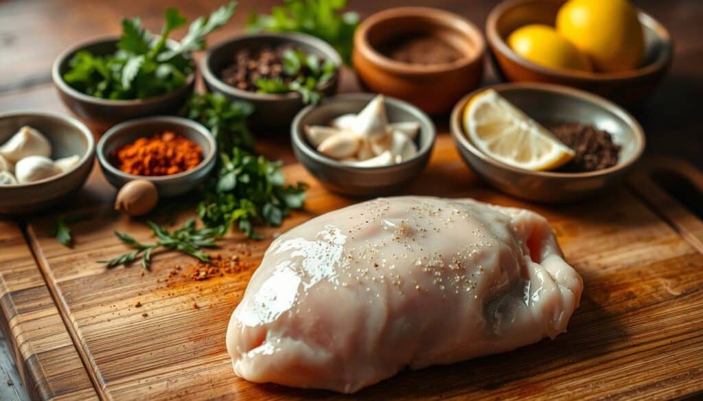 Chicken Preparation Techniques: A close-up view of a wooden cutting board showcasing the proper steps for preparing chicken. In the foreground, a freshly washed and patted-dry chicken breast rests, ready for seasoning. Surrounding it are neatly arranged bowls of fragrant herbs, spices, and aromatic ingredients like garlic, shallots, and lemon wedges. The lighting is warm and natural, creating a cozy, inviting atmosphere. The camera angle is slightly elevated, emphasizing the detailed textures and colors of the ingredients. This image aims to inspire the viewer with a sense of culinary mastery and the promise of a delicious, flavorful Tuscan-inspired chicken dish.