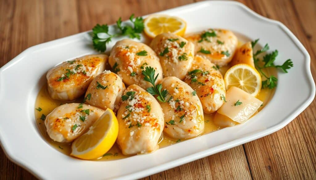 Elegant chicken scampi dish presented on a white ceramic platter, garnished with fresh parsley sprigs, lemon wedges, and a light dusting of freshly grated Parmesan cheese. The chicken is arranged in an eye-catching pattern, glistening with a buttery, garlic-infused sauce. Soft lighting from above casts a warm, inviting glow, highlighting the dish's vibrant colors and textures. The composition is balanced, with the platter positioned at a slight angle to create visual interest. The overall scene conveys an atmosphere of sophisticated, yet approachable home-cooked comfort.