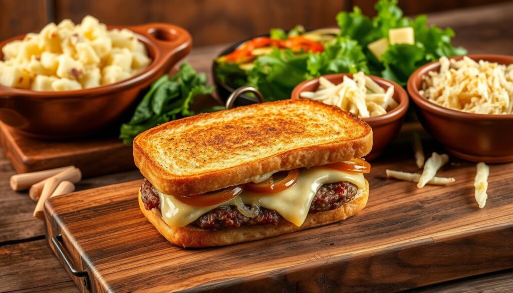Patty melt side dishes presentation: a delectable still life showcasing an array of complementary accompaniments. In the foreground, a crisp, golden-brown patty melt rests atop a rustic wooden surface, its melted Swiss cheese and caramelized onions glistening invitingly. Surrounding the main dish, an assortment of side dishes: a hearty helping of creamy mashed potatoes, a vibrant green salad with a light vinaigrette dressing, and a side of tangy, house-made coleslaw. Warm lighting casts a soft, inviting glow, highlighting the textures and colors of the various components. The overall composition conveys a sense of homey, comforting elegance, perfectly capturing the essence of the "Serving Suggestions and Side Dishes" section.