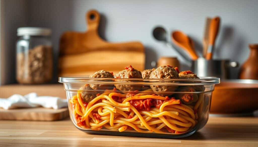 Storing Leftover Pasta and Meatballs: A warm and cozy kitchen scene. In the foreground, a clear glass container holds the remnants of a hearty spaghetti and meatballs dinner, the meatballs and pasta neatly arranged. Soft, indirect lighting casts a gentle glow, highlighting the textures of the food. In the middle ground, a wooden cutting board and kitchen utensils suggest a recent meal preparation. The background features simple, minimalist shelving with jars and spices, conveying a sense of organization and efficiency. The overall mood is one of comfort, practicality, and thoughtful food storage.